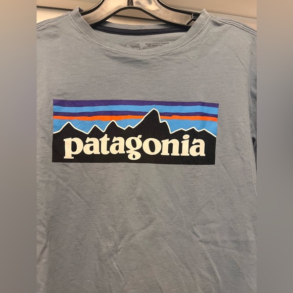 Patagonia Kids Long Sleeve Logo Shirt Light blue Gray Size XL 14 - Picture 2 of 4